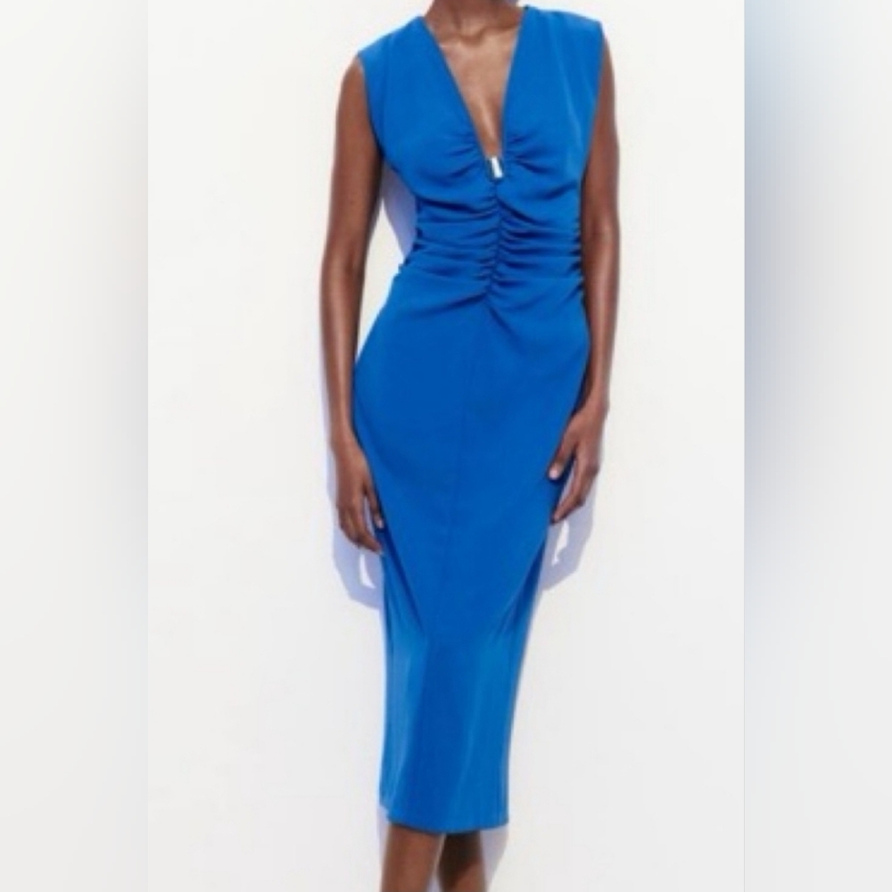 Zara Royal Blue Ruched V-Neck Sheath Dress